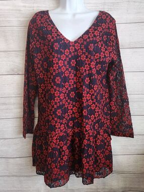 Velzera Women’s Medium Boho Floral Tunic Dress Red Black NWT